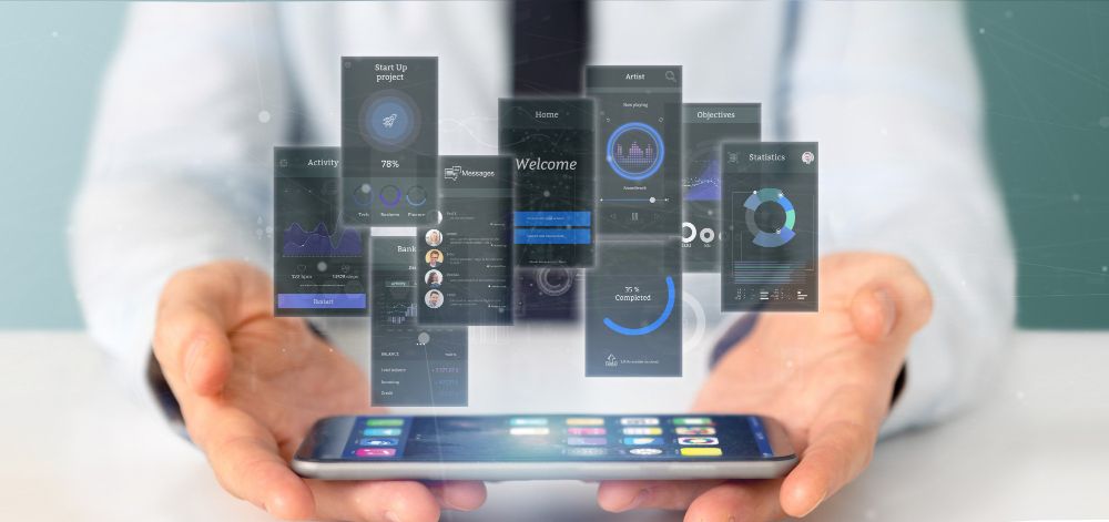 UI screens with icons, stats, and data